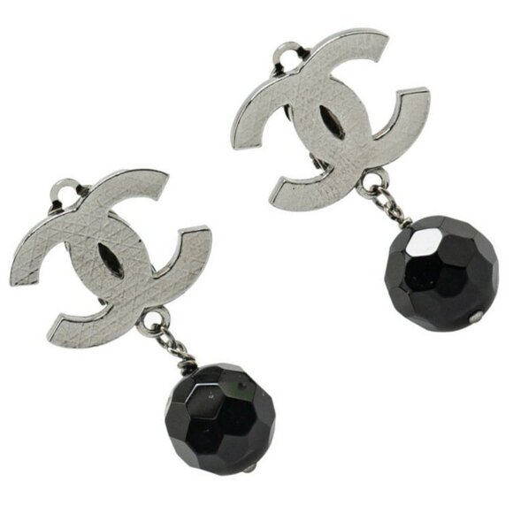 CHANEL CC Logos Black Rhinestone Ball Clip-On Earrings Silver Tone 10V Auth - Picture 1 of 5